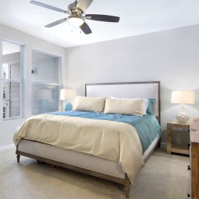 Bedroom Large well lit bedroom with plush carpets and large windows