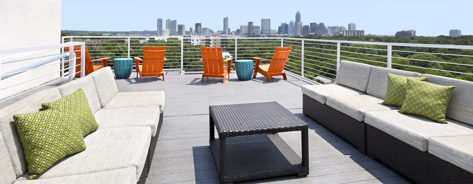 Large rooftop patio with ample seating 